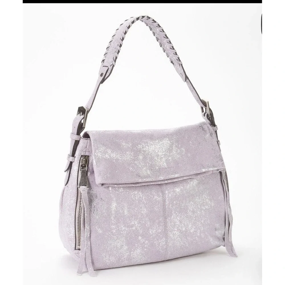 Aimee Kestenberg Bali Hobo Bag Purse Double Entry Lamb Leather Lavender Denim